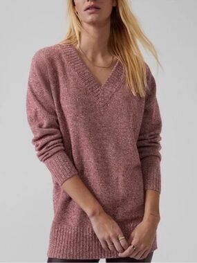 Athleta Vital V-Neck Tunic Sweater L Red  Wool Cashmere Blend Oversized Soft